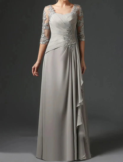 Formal Women's Dresses Sheath Mother of the Bride Dress Wedding Guest Elegant Square Neck Floor Length Chiffon Lace Half Sleeve with Ruching Free Custom Size Mother of the Bride Dress