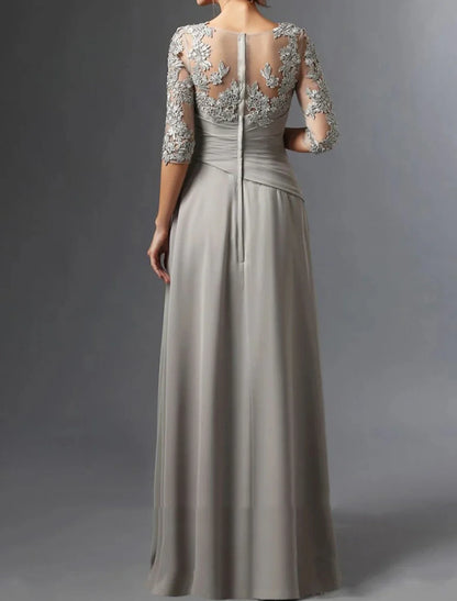 Formal Women's Dresses Sheath Mother of the Bride Dress Wedding Guest Elegant Square Neck Floor Length Chiffon Lace Half Sleeve with Ruching Free Custom Size Mother of the Bride Dress