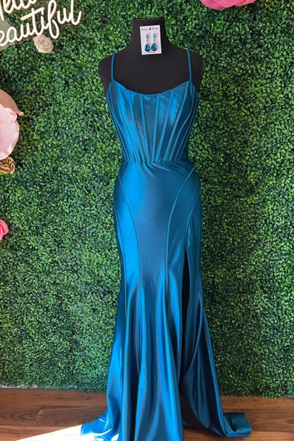 Formal Women's Dresses Spaghetti Straps Backless Hot Pink Fitted Long Formal Dress With Slit Prom Dress In Store