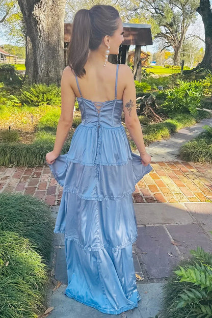Formal Women's Dresses Spaghetti Straps Blue Layered A-line Long Party Dress with Slit Prom Dress Prom Dress In Store