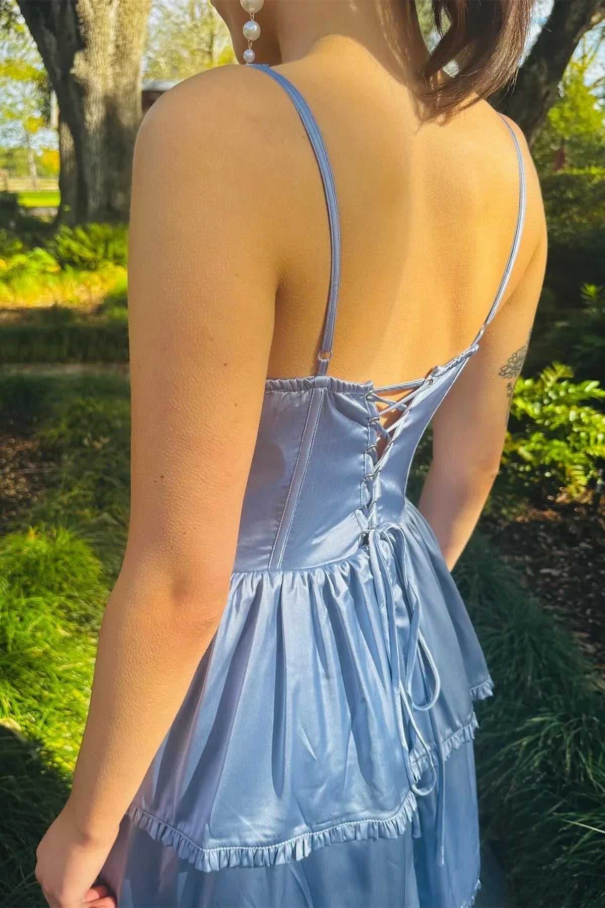 Formal Women's Dresses Spaghetti Straps Blue Layered A-line Long Party Dress with Slit Prom Dress Prom Dress In Store