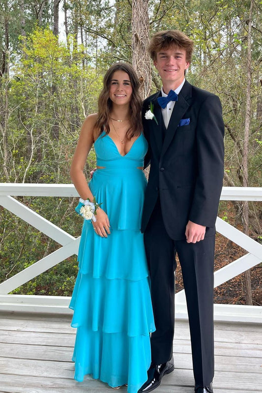 Formal Women's Dresses Spaghetti Straps V Neck Blue Chiffon Cutouts Tiered Party Dress Prom Dress Prom Dress In Store