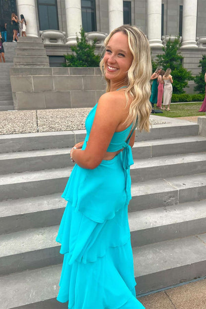 Formal Women's Dresses Spaghetti Straps V Neck Blue Chiffon Cutouts Tiered Party Dress Prom Dress Prom Dress In Store