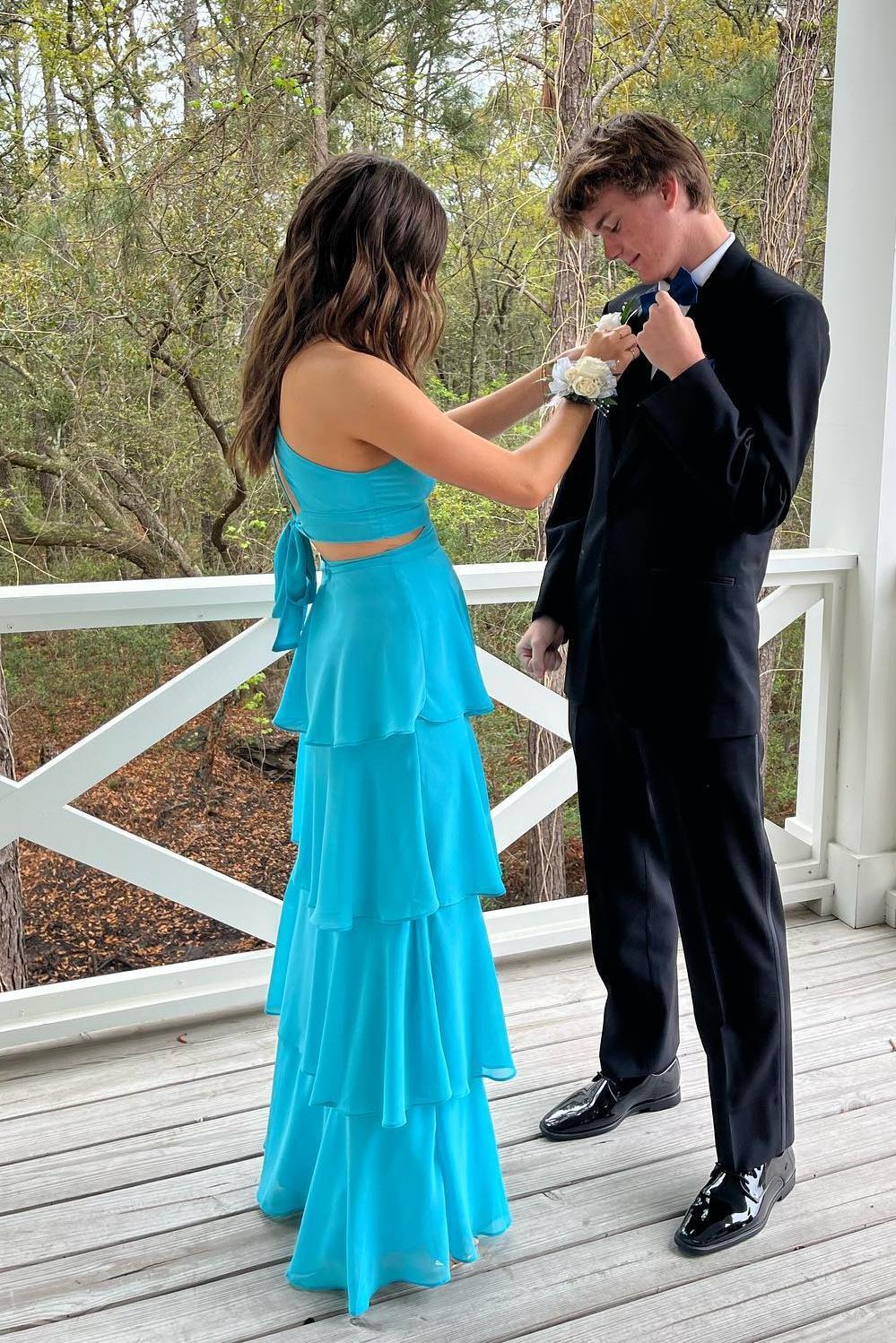 Formal Women's Dresses Spaghetti Straps V Neck Blue Chiffon Cutouts Tiered Party Dress Prom Dress Prom Dress In Store