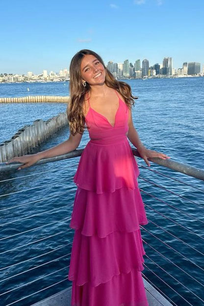 Formal Women's Dresses Spaghetti Straps V Neck Blue Chiffon Cutouts Tiered Party Dress Prom Dress Prom Dress In Store