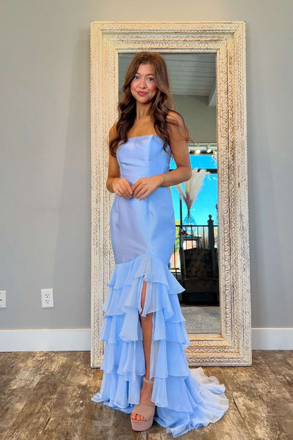 Formal Women's Dresses Strapless Hem Tiered Pink Fitted Ruffle Long With Slit Party Prom Dress Prom Dress In Store