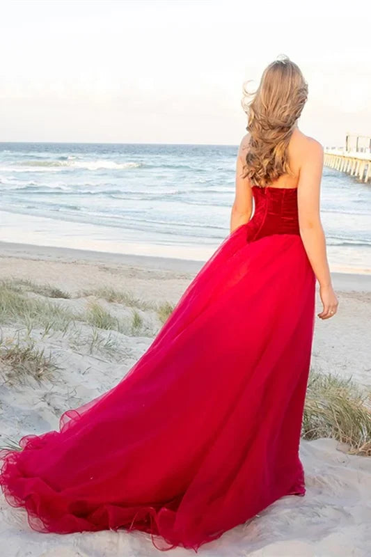 Formal Women's Dresses Strapless Tulle Burgundy Tulle Prom Dress Velvet Top V-Neck / Prom Dress Shop