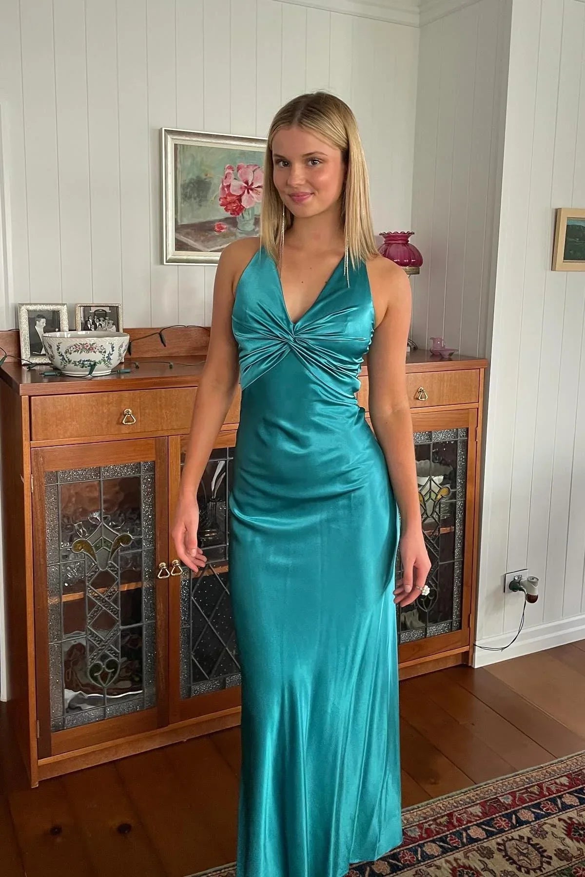 Formal Women's Dresses V Neck Backless Strapless Sleeveless Twist Sheath Long Party Dress Prom Dress Prom Dress In Store