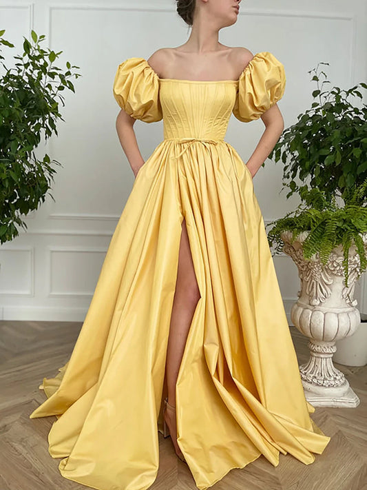 Formal Women's Dresses Vintage Fairy Corset Dress A line Straight Long Yellow Prom Dress Ball Gown Short Sleeve Wedding Ball Gown Prom Dress with Slit Prom Dress Shop