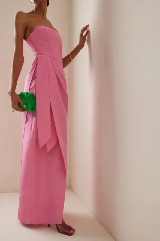 Formal dress Off-the-Shoulder Pleated Elegant Pink Strapless Long Slimming Prom Dress
