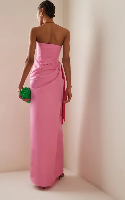 Formal dress Off-the-Shoulder Pleated Elegant Pink Strapless Long Slimming Prom Dress