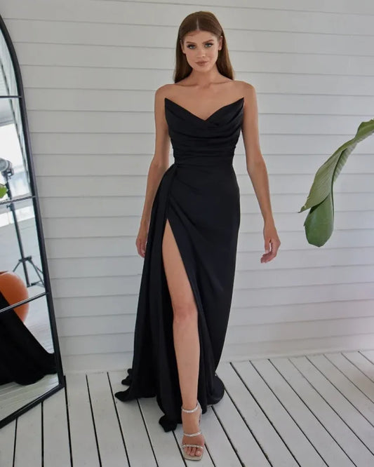 Formal dress Off-the-Shoulder Red Strapless Prom Dress with Pleated Split Mermaid Design