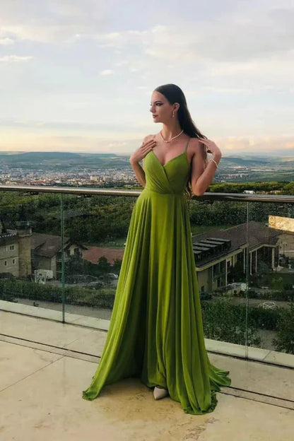 Formal dress Off Shoulder Pleated Sleeveless Spaghetti-Strap Long Chiffon A-Line Prom Dress