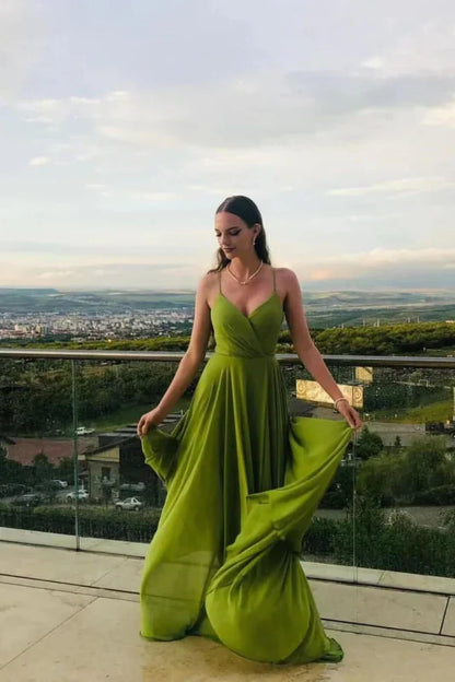 Formal dress Off Shoulder Pleated Sleeveless Spaghetti-Strap Long Chiffon A-Line Prom Dress