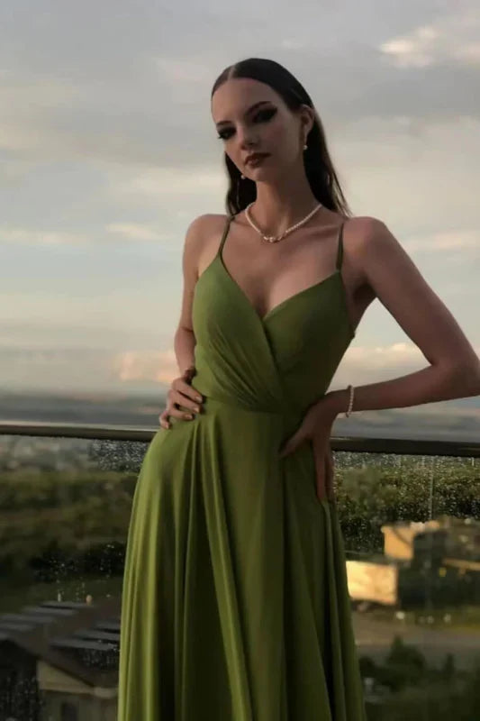 Formal dress Off Shoulder Pleated Sleeveless Spaghetti-Strap Long Chiffon A-Line Prom Dress