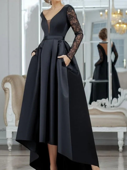 Formal dress V Neck Long Sleeves Black Lace Long Prom Dresses High Low Black Formal Dresses Black Lace Evening Dresses