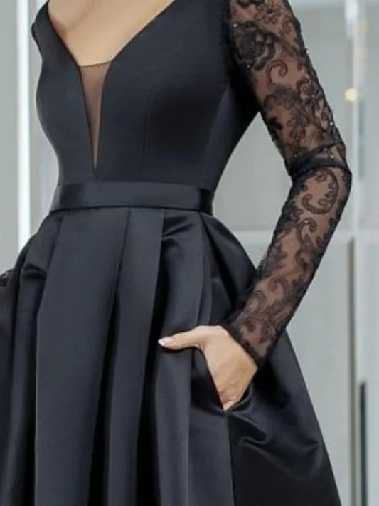 Formal dress V Neck Long Sleeves Black Lace Long Prom Dresses High Low Black Formal Dresses Black Lace Evening Dresses