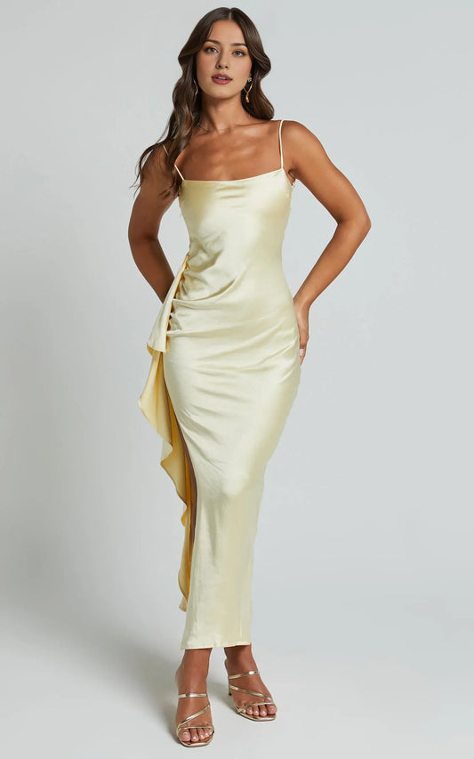 Frill Detail Satin Square Neck Ankle-Length Dress Lemon Sheath Solid Color Spaghetti Straps Satin Backless Evening Dress