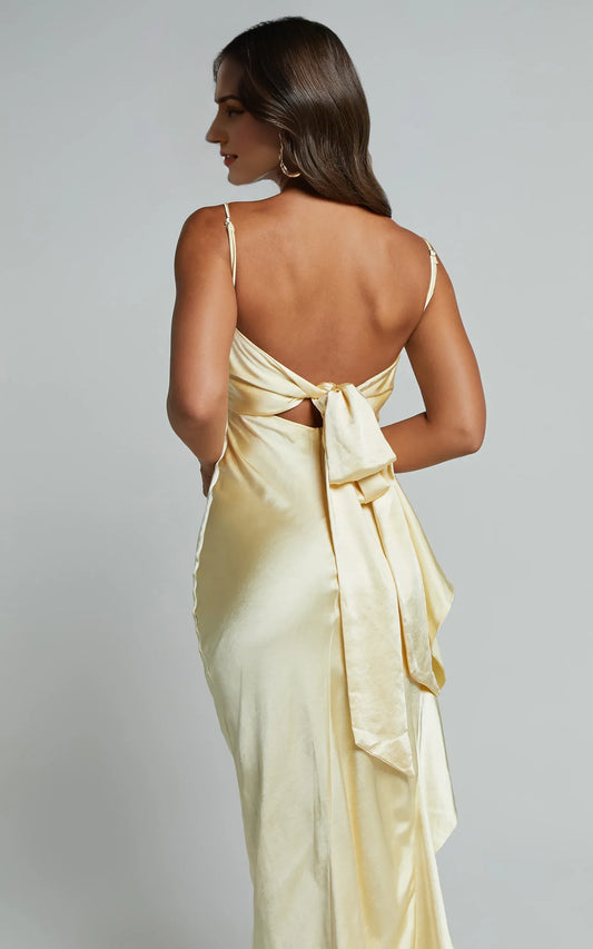 Frill Detail Satin Square Neck Ankle-Length Dress Lemon Sheath Solid Color Spaghetti Straps Satin Backless Evening Dress