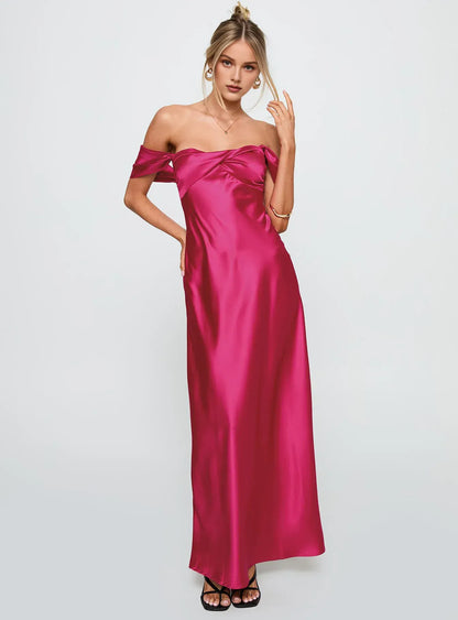 Fuchsia Satin Off - Shoulder Maxi Dress Column Backless Solid Color Prom Dresses