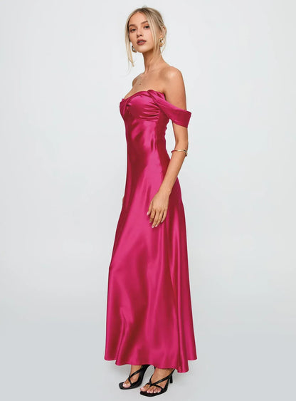 Fuchsia Satin Off - Shoulder Maxi Dress Column Backless Solid Color Prom Dresses