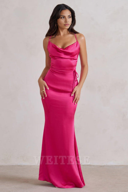 Navy Satin Cowl Neck Maxi Dress Prom Dress With Cross Back Detail Floor Length Bridesmaid Dress