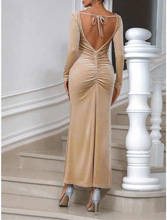 Women's Velvet Dress Prom Dress Party Dress Long Dress Maxi Dress Champagne Long Sleeve Plain Backless Summer Spring Fall Crew Neck Elegant Winter Dress Wedding Guest Evening Party