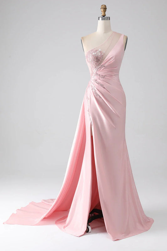 One Shoulder Sequins Appliques Ruched Prom Dress With Slit