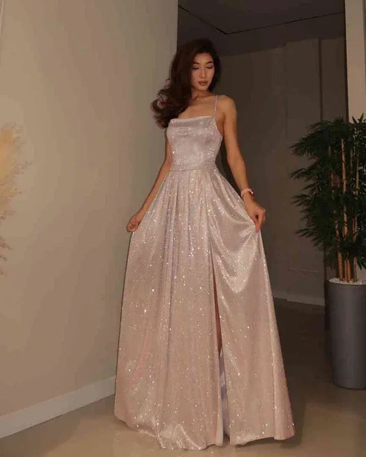 Glamorous A-Line Spaghetti-Strap Sleeveless Lace-Up-Back Sequin Slit Maxi Evening Dress