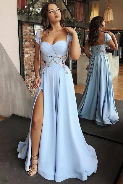 Glamorous A-Line Sweetheart Neck Short Sleeve Satin Maxi Prom Dress