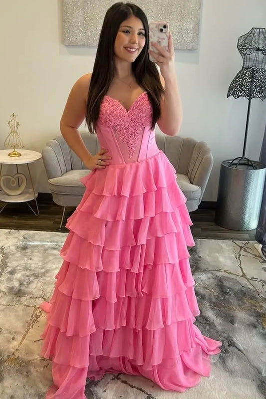 Glamorous A-Line Sweetheart Neckline Lace Applique Tiered Ruffle Ball Gown Evening Dress
