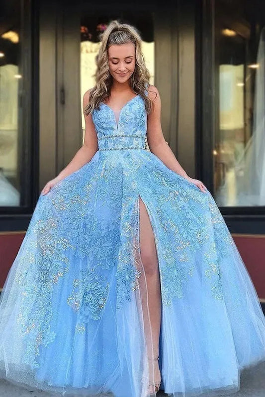 Glamorous A-Line V Neck Sleeveless Tulle Maxi Prom Dress