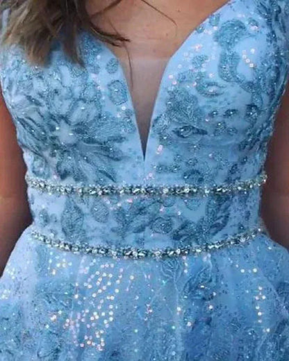 Glamorous A-Line V Neck Sleeveless Tulle Maxi Prom Dress