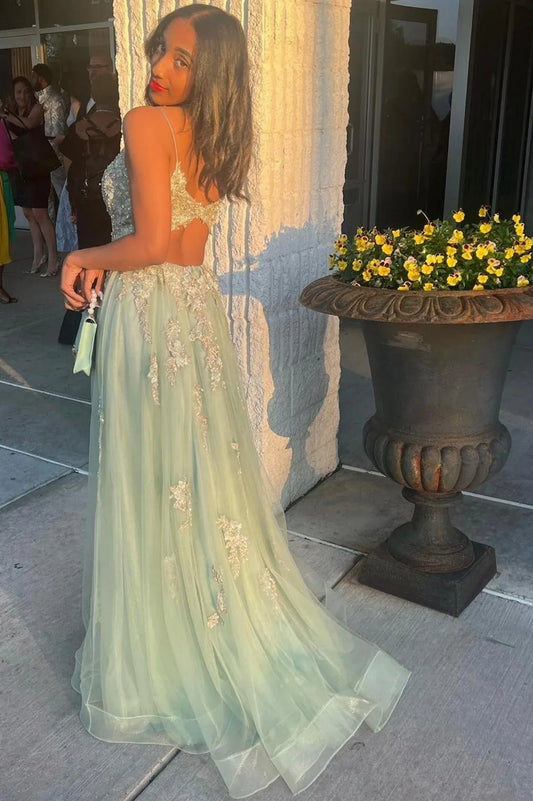 Glamorous A-Line V Neck Sleeveless Tulle Maxi Prom Dress