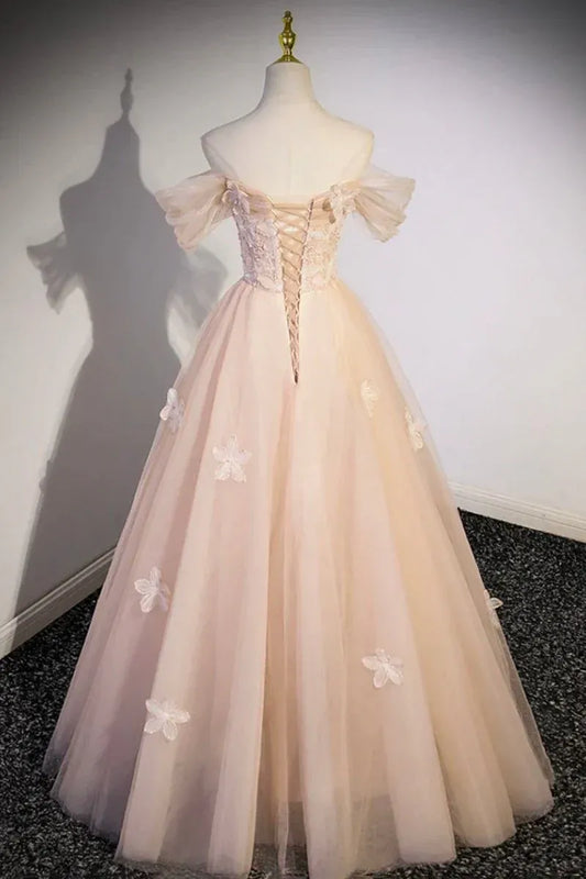 Glamorous Ball Gown Off-The-Shoulder Puff Sleeve Lace-Up Corset 3D Floral Tulle Evening Dress