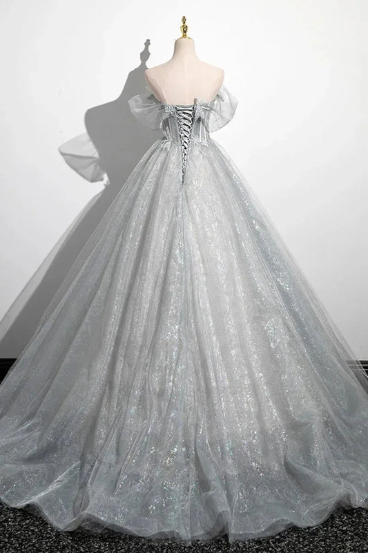 Glamorous Ball Gown Off-The-Shoulder Puff Sleeve Lace-Up Corset Glitter Tulle Evening Dress With Train