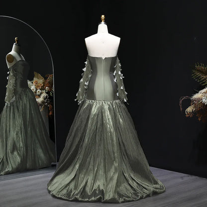 Glamorous Ballgown Strapless Sleeveless Backless Textured Satin Evening Dress With Train
