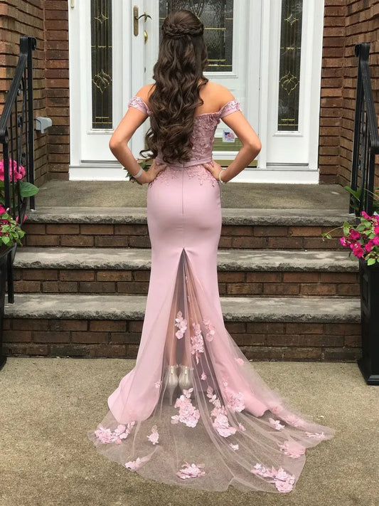 Glamorous Mermaid Off Shoulder 3D Floral Lace Satin Maxi Prom Dress