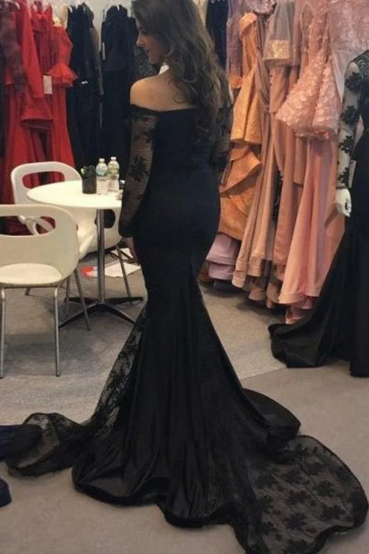 Glamorous Mermaid Off Shoulder Long Sleeve Lace Satin Maxi Prom Dress
