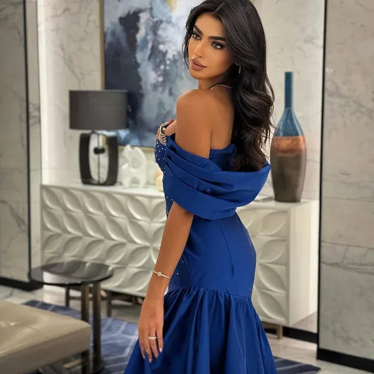 Glamorous Mermaid Off-The-Shoulder Beaded Satin Evening Dress With Ruffle Hem