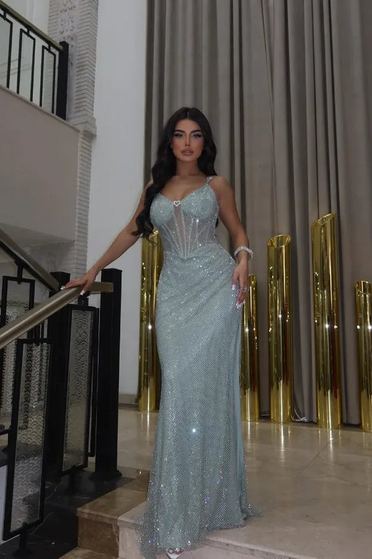 Glamorous Mermaid Spaghetti Strap Sheer Corset Lace-Up Beaded Mesh Maxi Dress With Train
