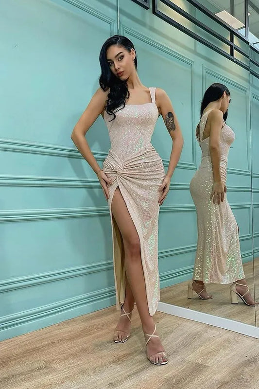 Glamorous Mermaid Square Neck Ruched Twist Detail Sequin Maxi Dress With Slit