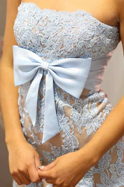 Glamorous Mermaid Strapless Lace Applique Bow Detail High Slit Evening Dress