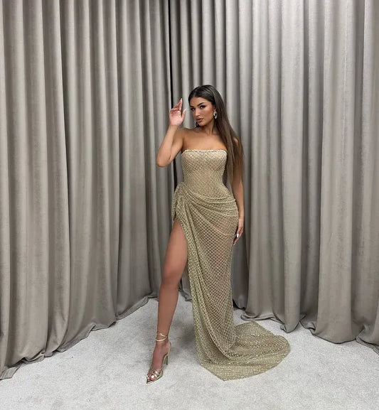 Glamorous Mermaid Strapless Sheer Beaded Mesh Ruched Maxi Dress With Slit & Train