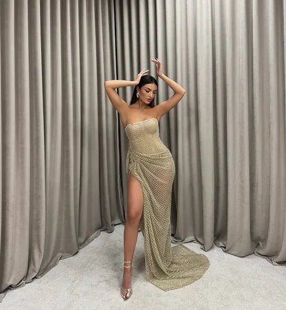 Glamorous Mermaid Strapless Sheer Beaded Mesh Ruched Maxi Dress With Slit & Train