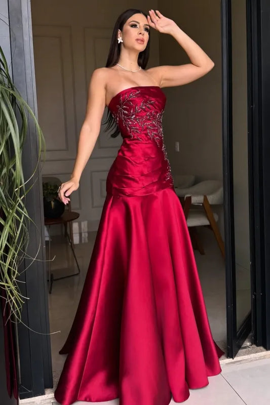 Glamorous Mermaid Strapless Sleeveless Beaded Ruched Maxi Evening Dress