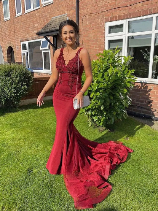 Glamorous Mermaid V-Neck Sleeveless Lace Beaded Tulle Maxi Prom Dress