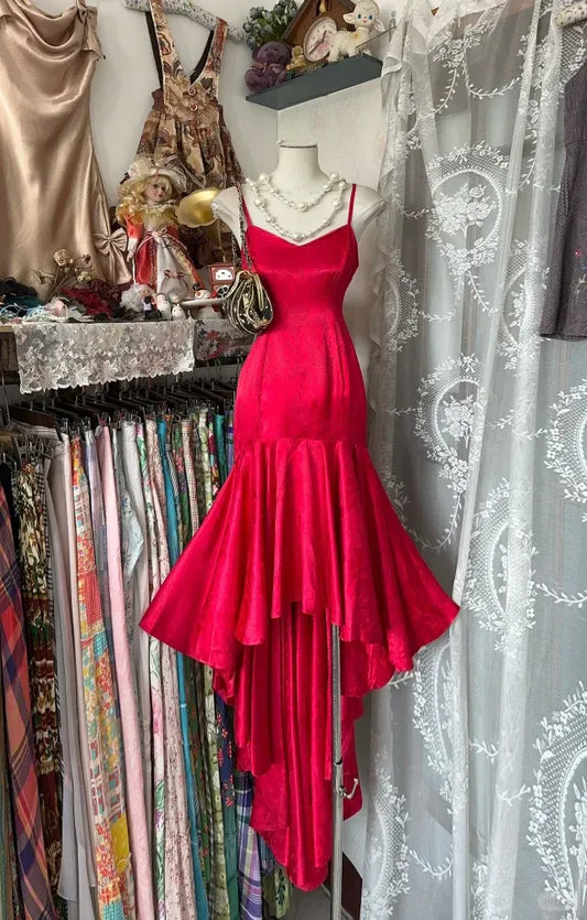 Glamorous Mermaid V Neck Sleeveless Satin High Low Prom Dress