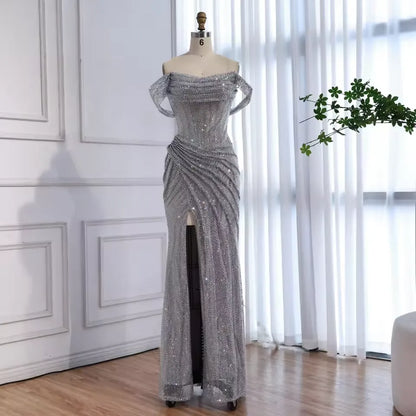 Glamorous Off-the-Shoulder Ruched Beaded Mermaid Maxi Dress with High Slit