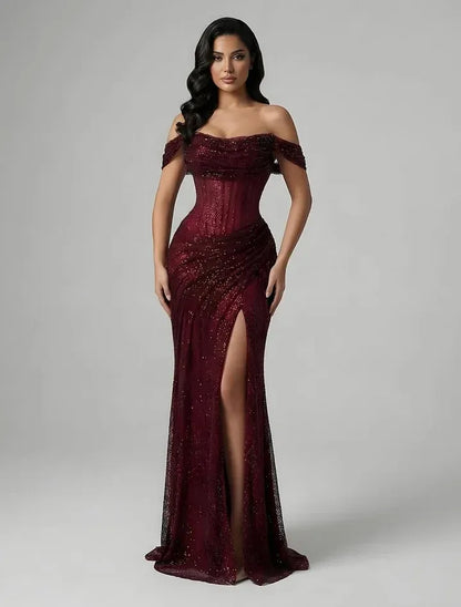 Glamorous Off-the-Shoulder Ruched Beaded Mermaid Maxi Dress with High Slit